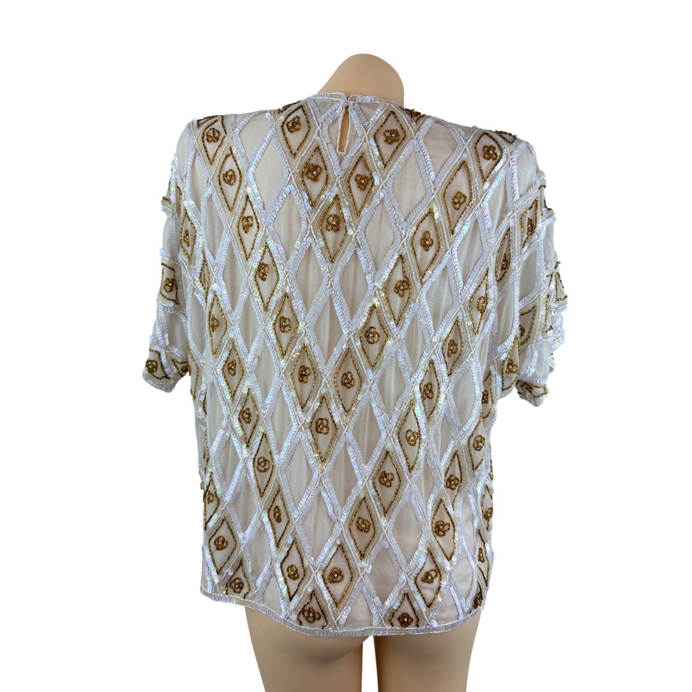 Vintage Silk Beaded Sequin Top White Gold Mermaidcore Pearl Beaded - Picture 2 of 9